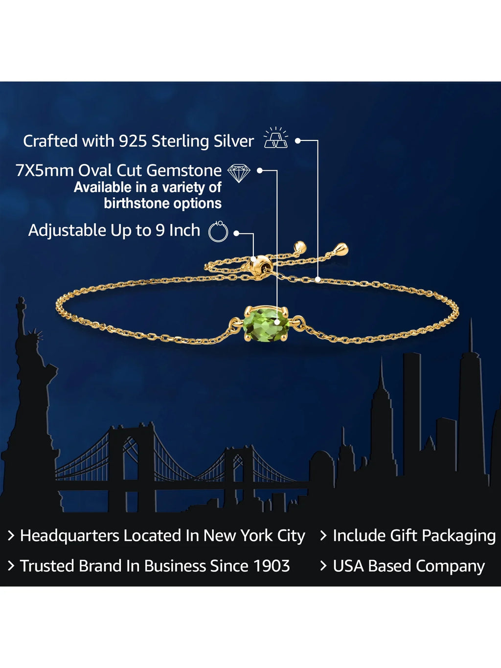 Gem Stone King 18K Yellow Gold Plated Silver Green Peridot Solitaire Bracelet For Feminine (0.90 Cttw, Oval Cut 7x5mm)