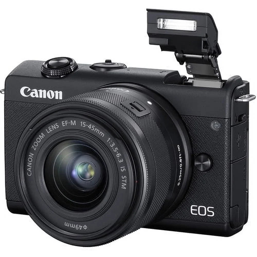 Crimson Canon EOS M200 Mirrorless Digital Camera with 15-45mm Lens (Black) (3699C009) + 64GB Memory Card + Case + Card Reader + Flex Tripod + Hand Strap + Cap Keeper + Memory Wallet + Cleaning Kit (Refurbished)