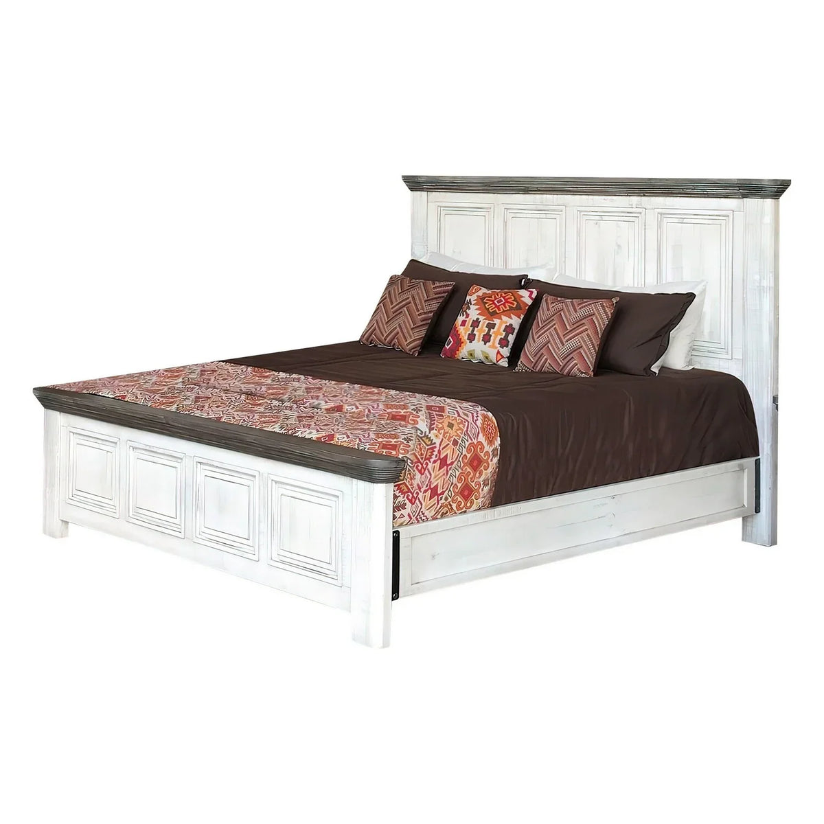 Benjara Feyi Queen Proportion Bed, Clean Rustic Headboard and Footboard, White, Gray
