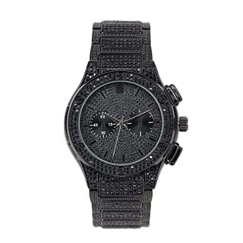 Big Bling Watch Ruby by Hip Hop - Mens Iced Out Timepiece - Faux Chrono Eyes - Diamond Rhinestones on Blast w/Miami Cuban Bracelet - Black Metal Cuban