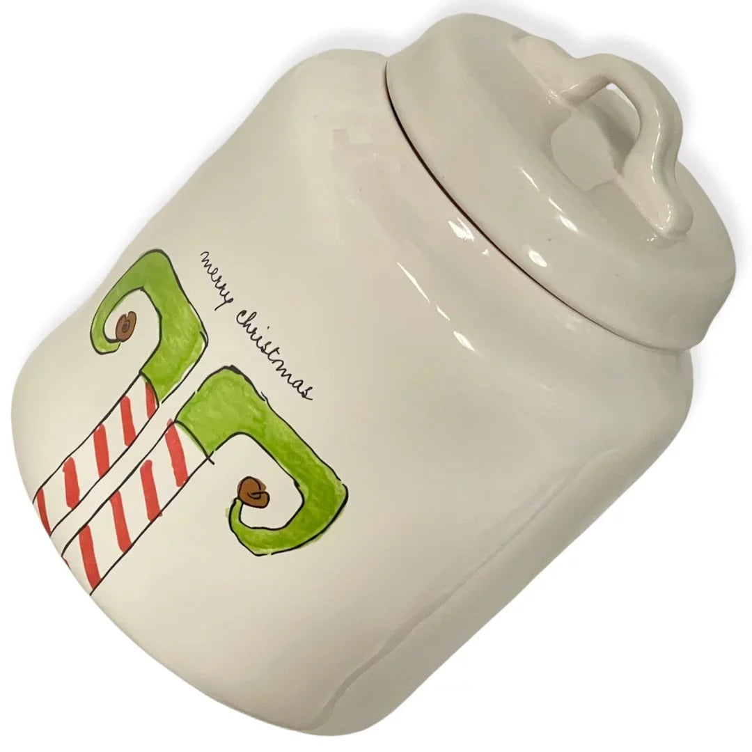 Rae Dunn MERRY CHRISTMAS ELF White Ceramic LL Canister With Black Letters