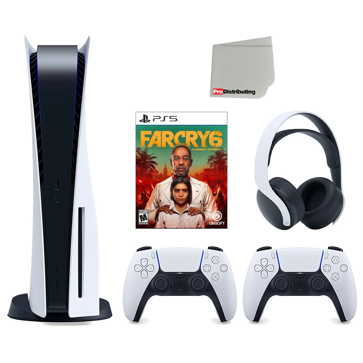 Sony Playstation 5 Disc Version Console with Extra White Controller, White PULSE 3D Headset and Far Cry 6 Bundle with Cleaning Cloth