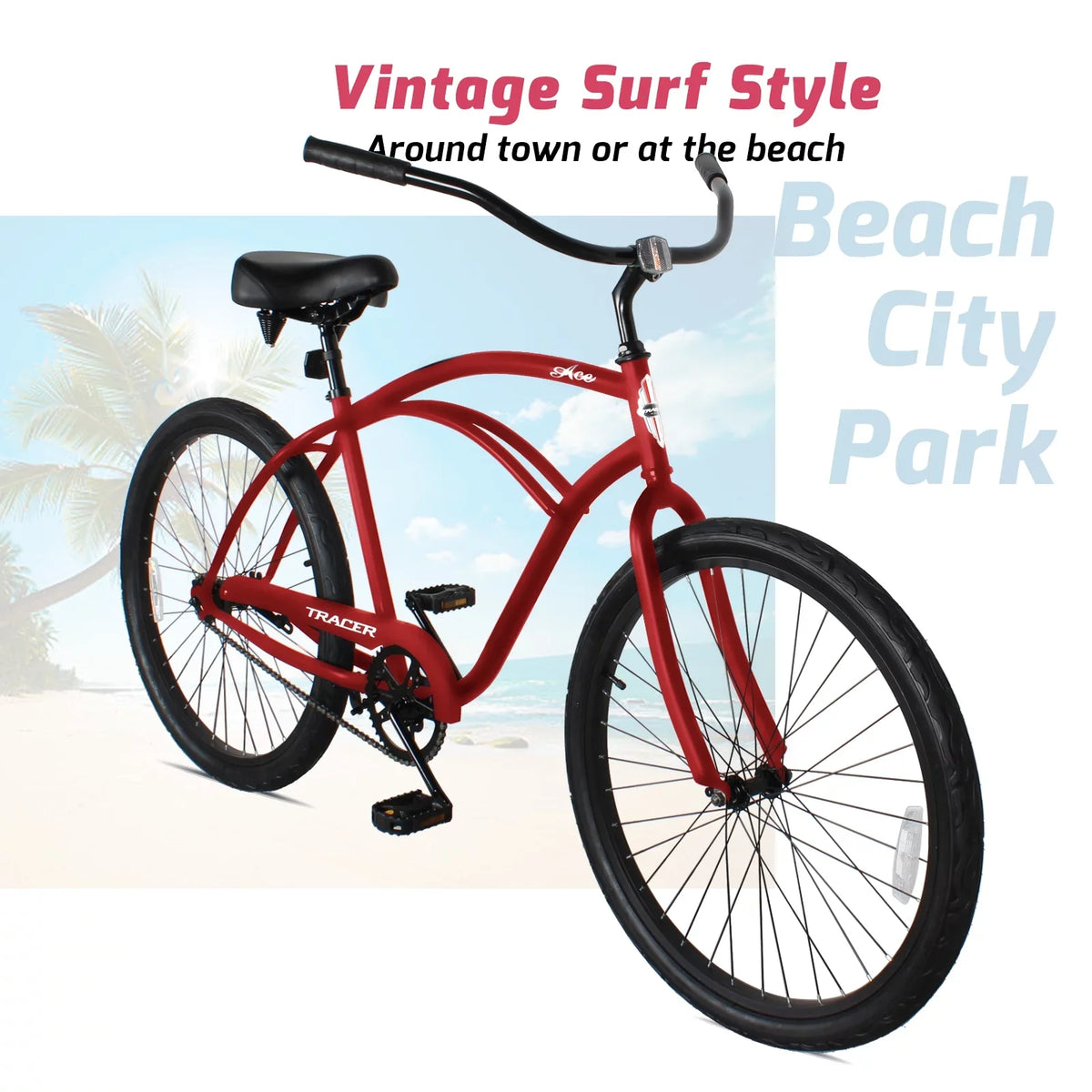 Tracer Ace 26 Inch Beach Cruiser Bikes Single Speed with Coaster Brake for Men - Ruby