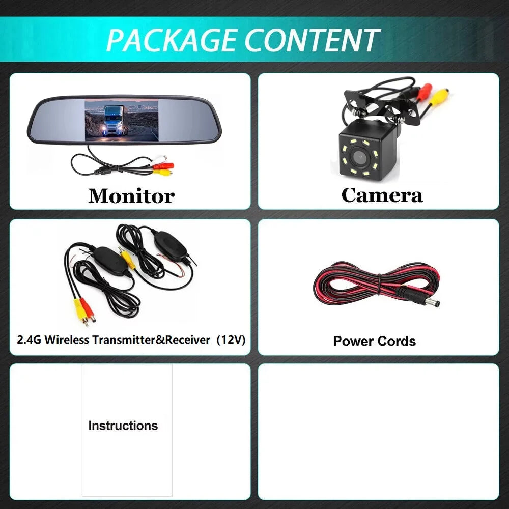 Wireless Car Backup Camera Rear View System Night Vision + 5inch Mirror Monitor