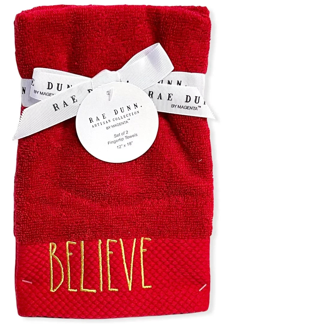 Rae Dunn Fingertip Towels Set of 2 Scarlet - BELIEVE LL Gold 12'x 18' Holiday