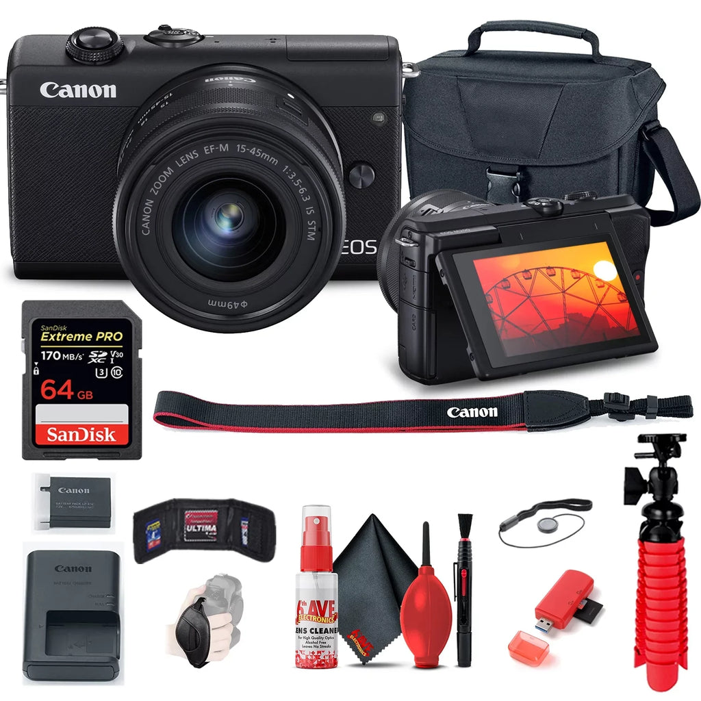 Crimson Canon EOS M200 Mirrorless Digital Camera with 15-45mm Lens (Black) (3699C009) + 64GB Memory Card + Case + Card Reader + Flex Tripod + Hand Strap + Cap Keeper + Memory Wallet + Cleaning Kit (Refurbished)