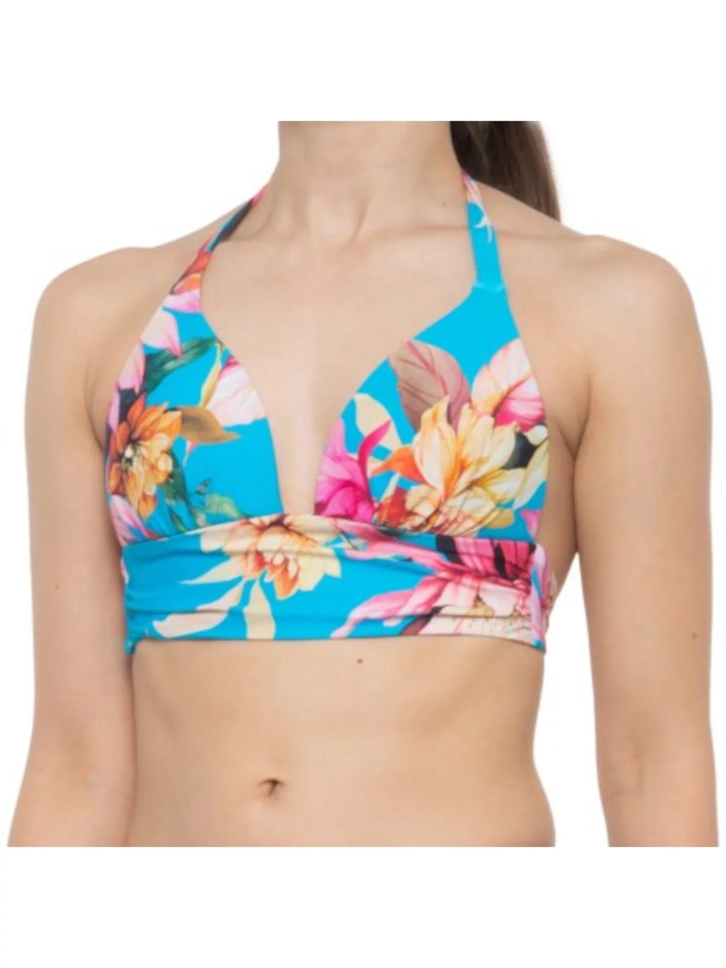 LA BLANCA Female Blue Tropical Print Shirring Tie Sweetheart Molded Cup Halter Swimsuit Top 12