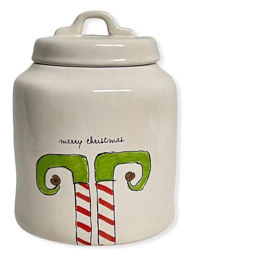 Rae Dunn MERRY CHRISTMAS ELF White Ceramic LL Canister With Black Letters