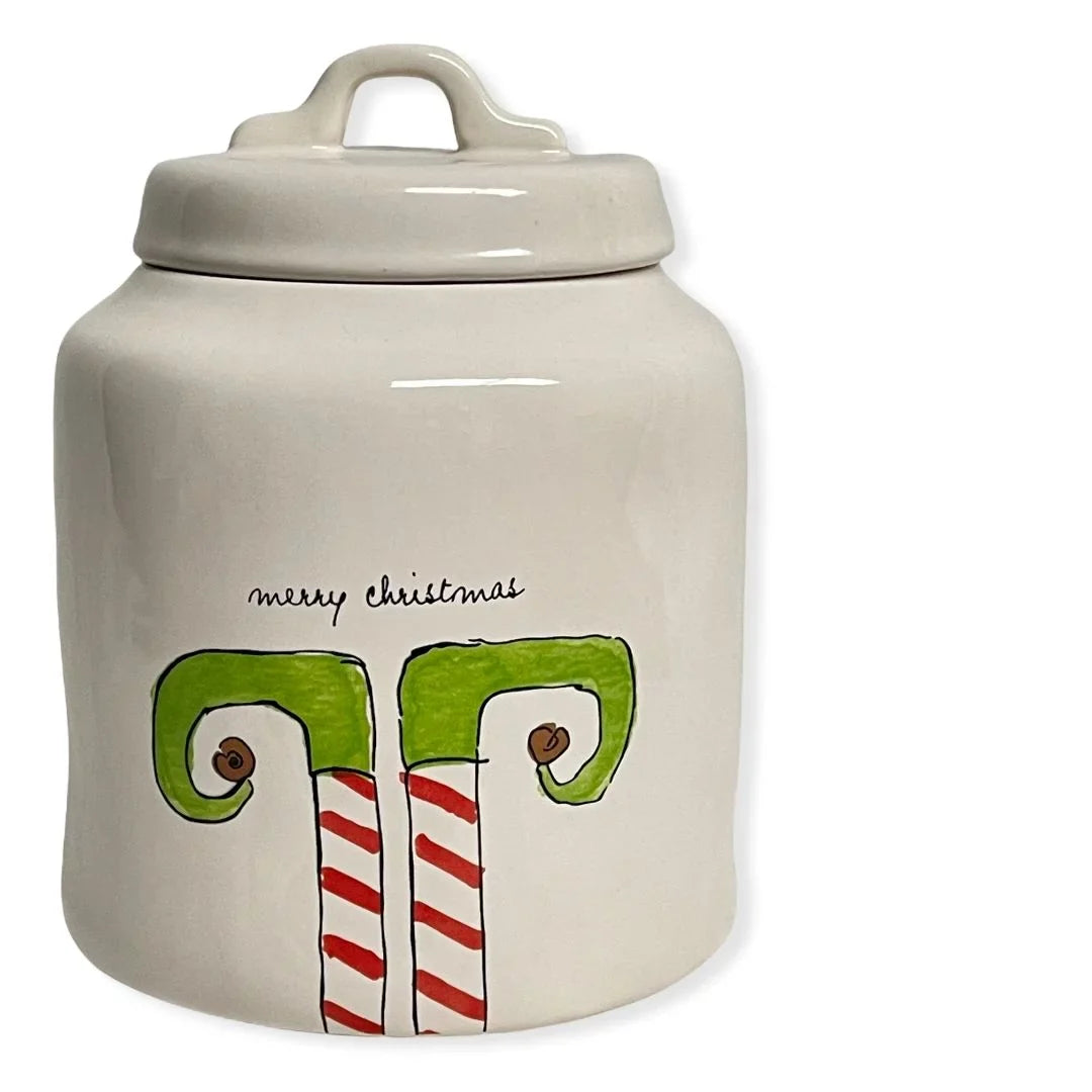 Rae Dunn MERRY CHRISTMAS ELF White Ceramic LL Canister With Black Letters