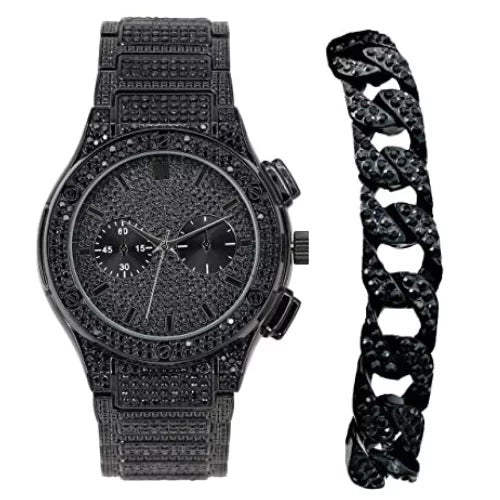 Big Bling Watch Ruby by Hip Hop - Mens Iced Out Timepiece - Faux Chrono Eyes - Diamond Rhinestones on Blast w/Miami Cuban Bracelet - Black Metal Cuban