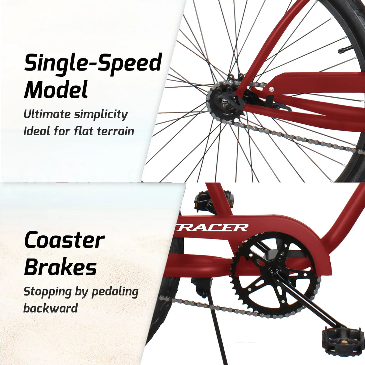 Tracer Ace 26 Inch Beach Cruiser Bikes Single Speed with Coaster Brake for Men - Ruby