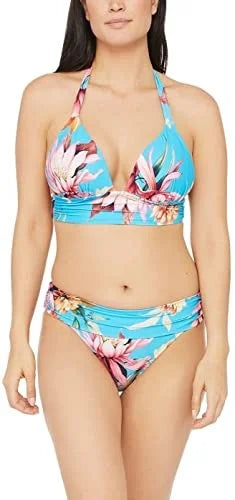 LA BLANCA Female Blue Tropical Print Shirring Tie Sweetheart Molded Cup Halter Swimsuit Top 12