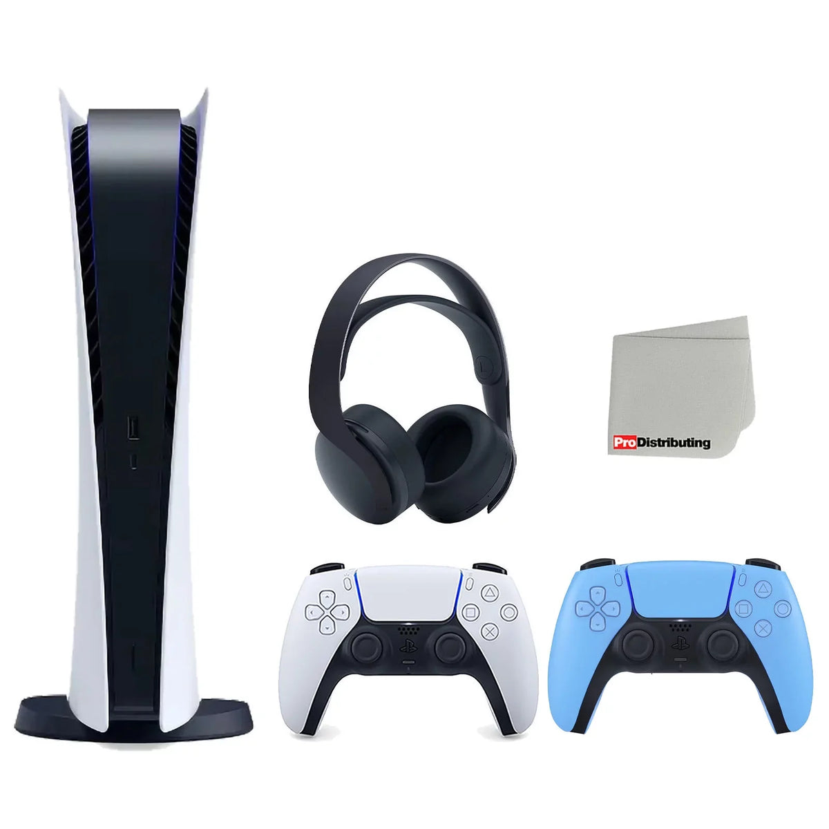 Sony Playstation 5 Digital Edition Console with Extra Blue Controller and Black PULSE 3D Headset Bundle with Cleaning Cloth