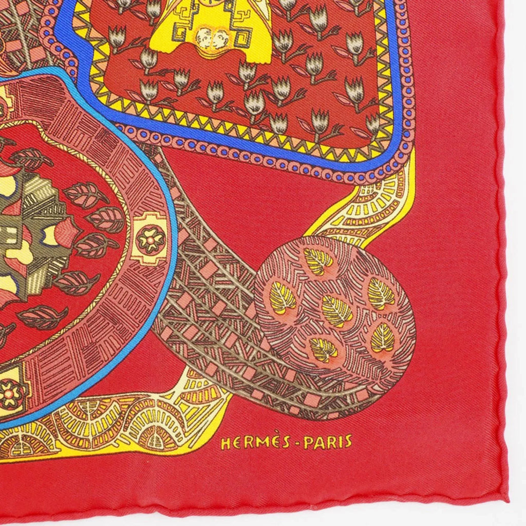 Pre-Owned Hermes Carré 45 ART des STEPPS Step Art Silk Crimson Ladies Scarf (Like New)