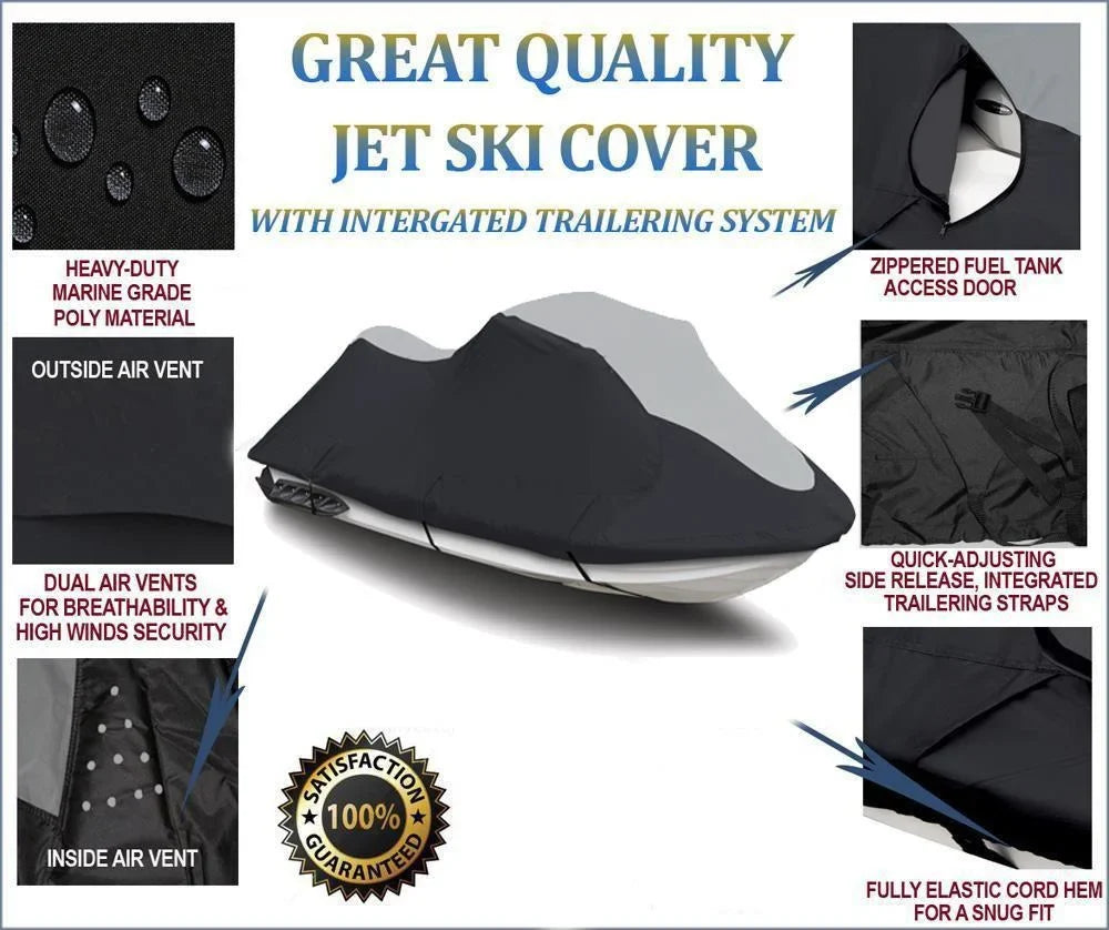 SUPER HEAVY-DUTY PWC JetSki Cover Compatible for Polaris SLX SLH Pro 1200 785 1995-2001 Jet Ski Trailerable Cover Black/Grey 1-2 Seater
