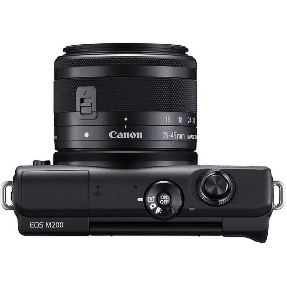 Crimson Canon EOS M200 Mirrorless Digital Camera with 15-45mm Lens (Black) (3699C009) + 64GB Memory Card + Case + Card Reader + Flex Tripod + Hand Strap + Cap Keeper + Memory Wallet + Cleaning Kit (Refurbished)