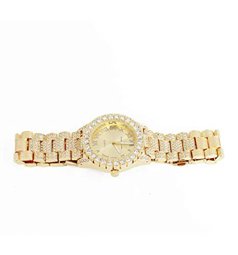 Charles Raymond Feminine Big Rocks Blinged Out Dial with Roman Numerals Fully Iced Out Hip Hop Wristwatch - ST10327LA (Gold-Gold)