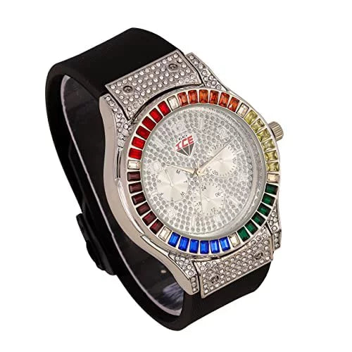 Charles Raymond Iced Out Mens Color on Blast Watch Single or Combo Sets with Blinged Out Bracelets Set. Iced Out Colourful Rainbow Flame Collection (ST10380-ZZ SLV)