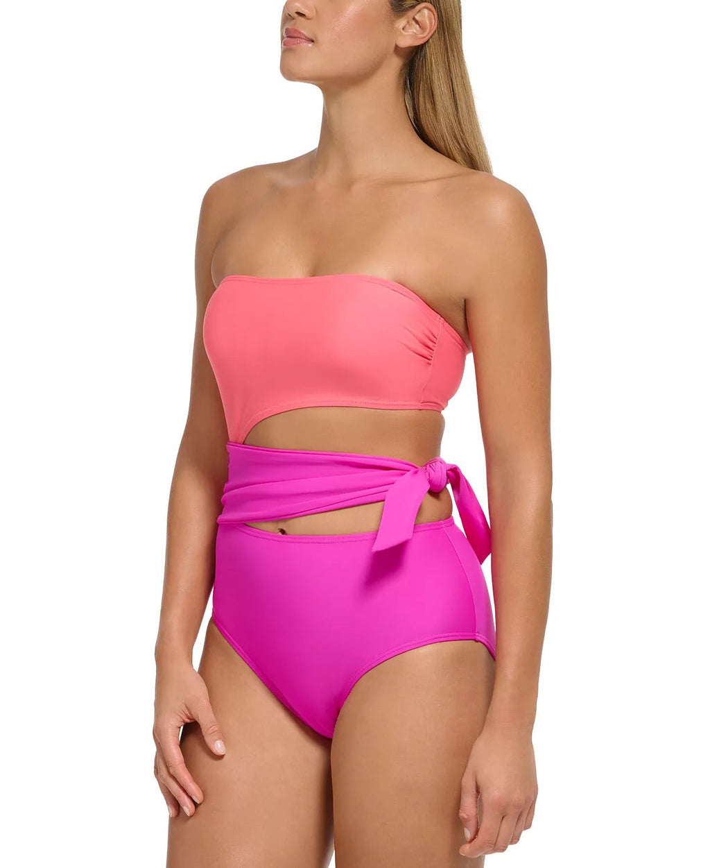DKNY PUNCH Rose Cutout Colorblock One Piece Swimsuit, US 14