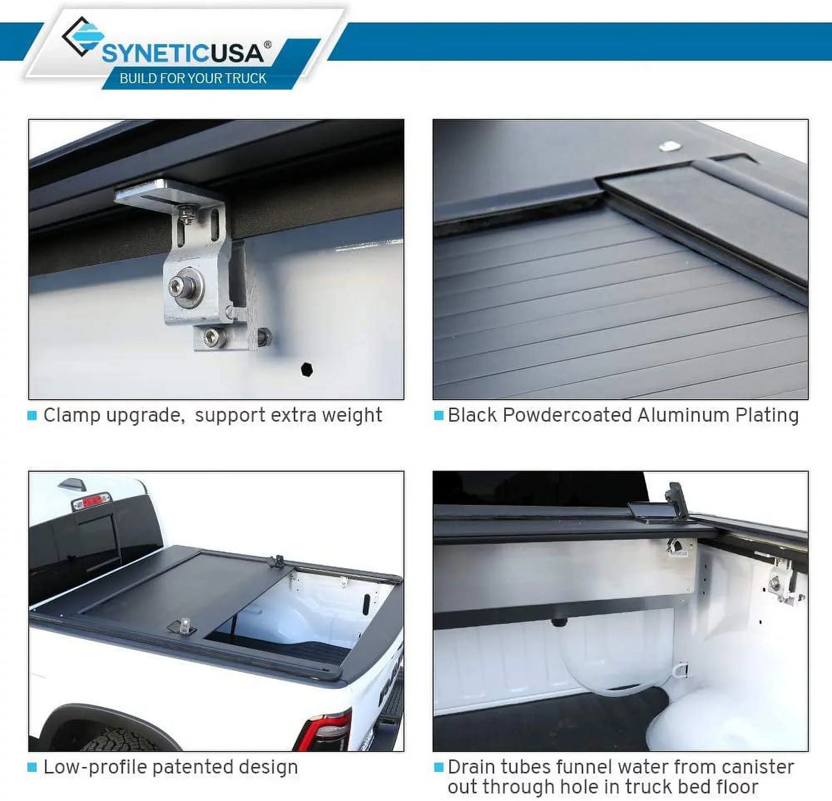 Syneticusa Retractable Hard Tonneau Cover with Cross Bars Fits 2019-2022 Ram 1500 5'7" (67.4”) Bed Matte Black Aluminum Low Profile Waterproof Off Road
