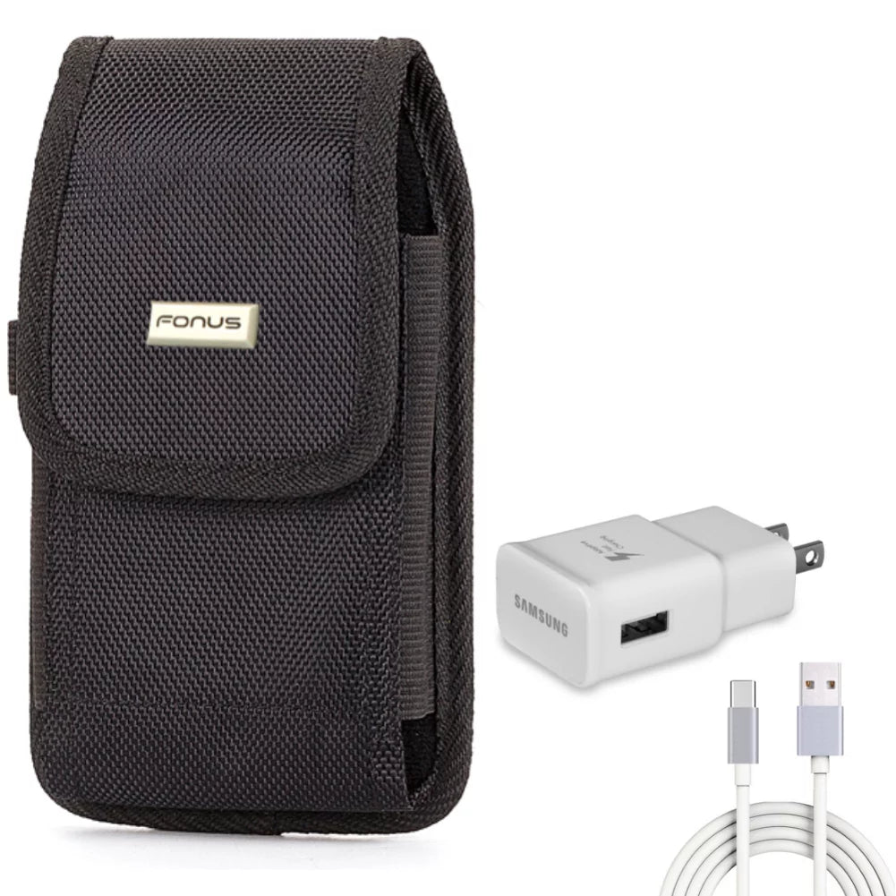 6ft USB Cable Type-C Fast Home Charger w Holster Rugged Case Belt Clip for Xiaomi Crimson Note 7 10 Pro, Mi 9T - ZTE Blade Z Max X1 5G 10, Axon 10 Pro, 11 Prime 2S