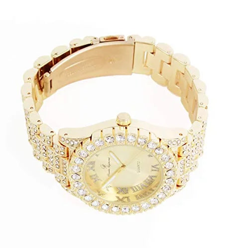 Charles Raymond Feminine Big Rocks Blinged Out Dial with Roman Numerals Fully Iced Out Hip Hop Wristwatch - ST10327LA (Gold-Gold)