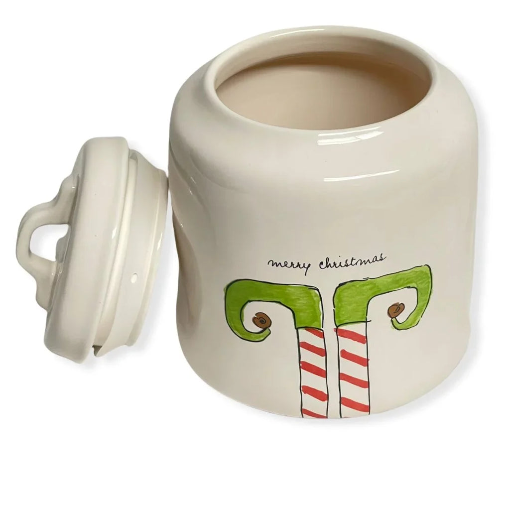 Rae Dunn MERRY CHRISTMAS ELF White Ceramic LL Canister With Black Letters