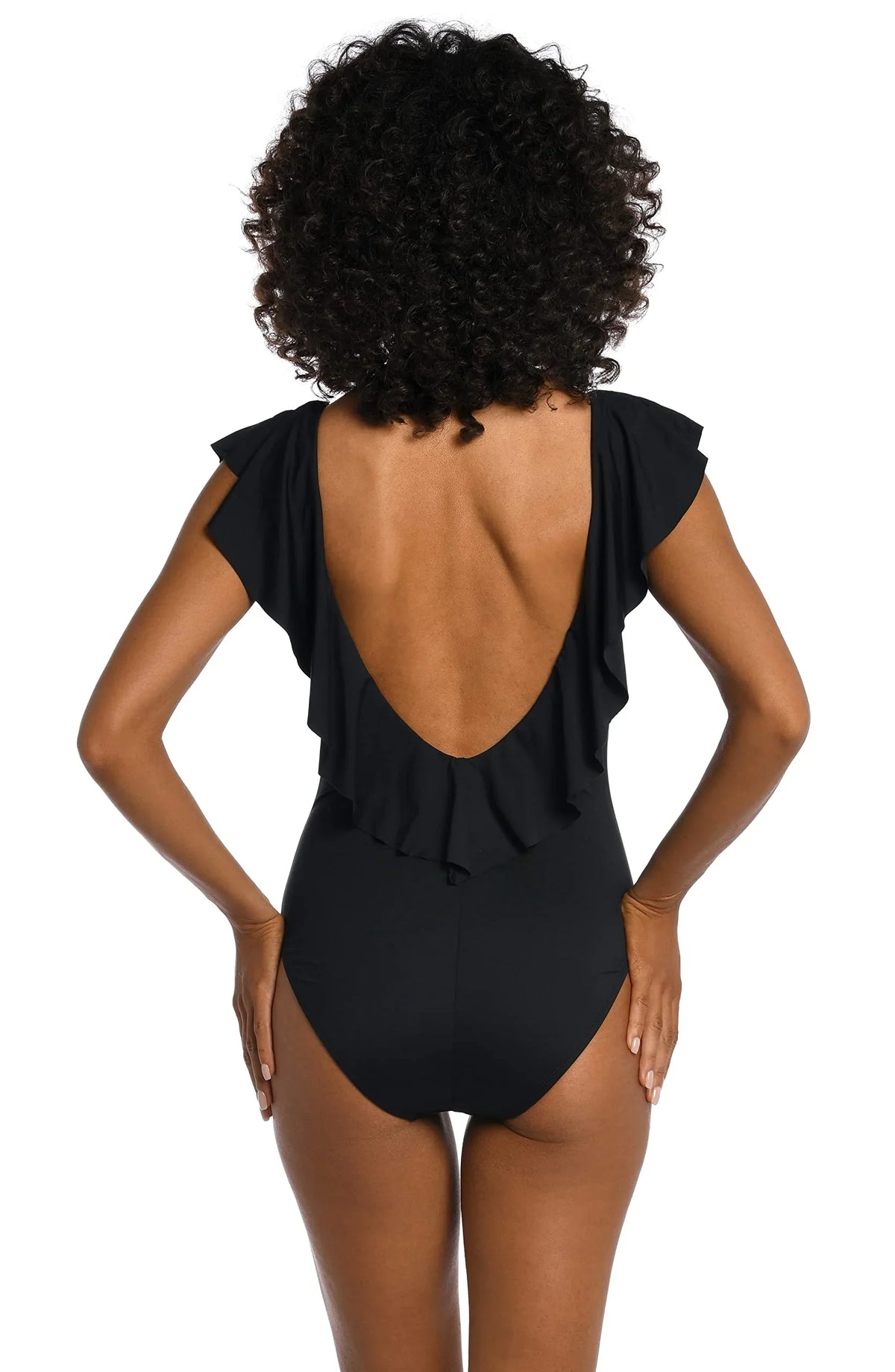 La Blanca Female Island Goddess Over The Shoulder Ruffle Plunge One Piece, Black, 4