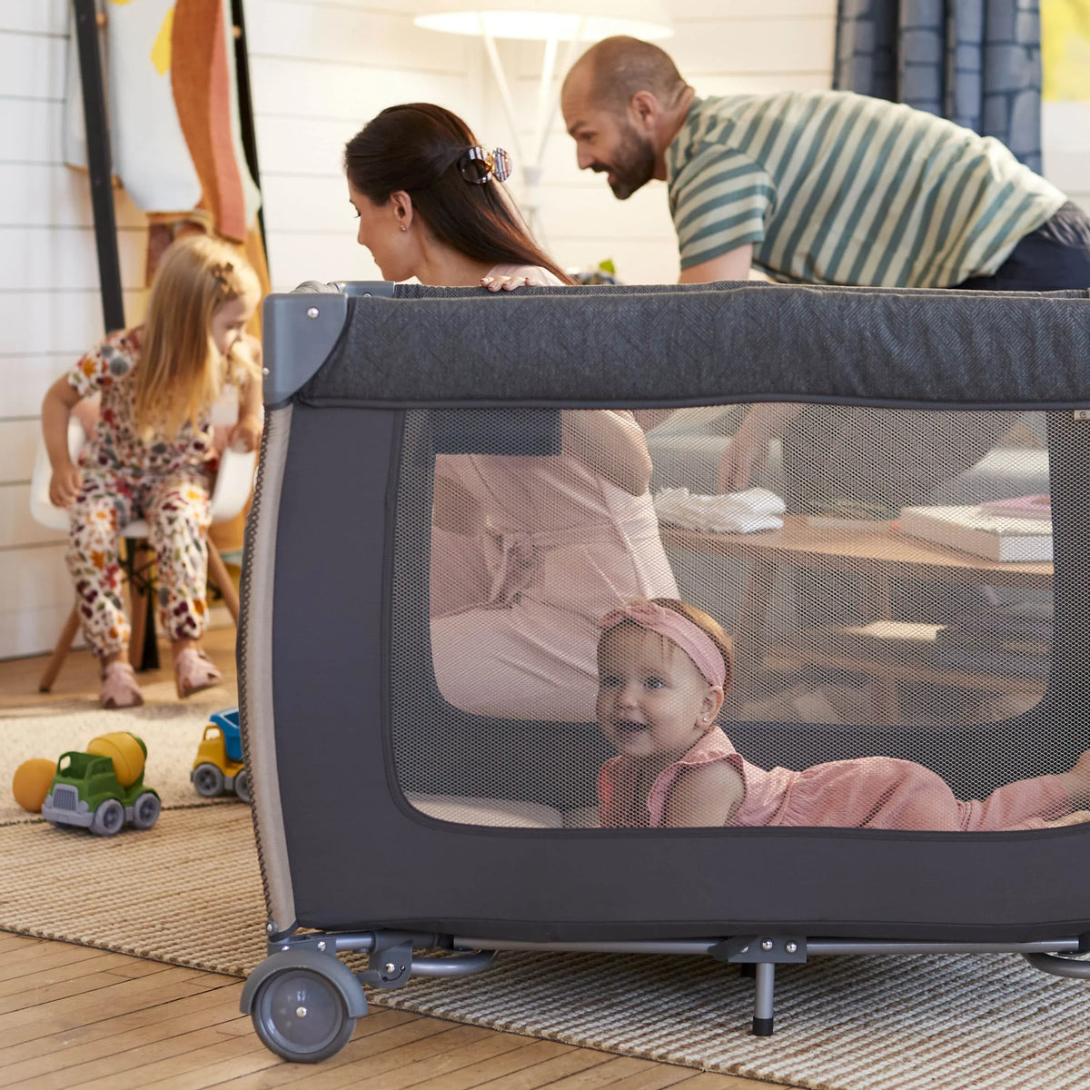 Monbebe Play Yard with Full Dimensions Rocking Bassinet, Castle Point