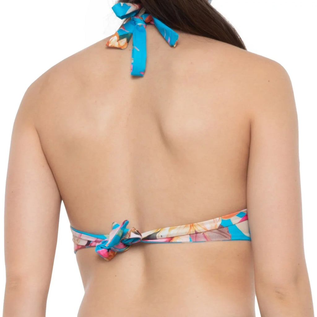 LA BLANCA Female Blue Tropical Print Shirring Tie Sweetheart Molded Cup Halter Swimsuit Top 12