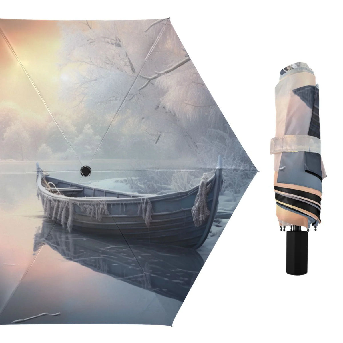 Winter Snow with Boat Compact Folding Umbrella for Rain Windproof Travel Umbrella UPF 50+ Lightweight Packable Arc Measurement