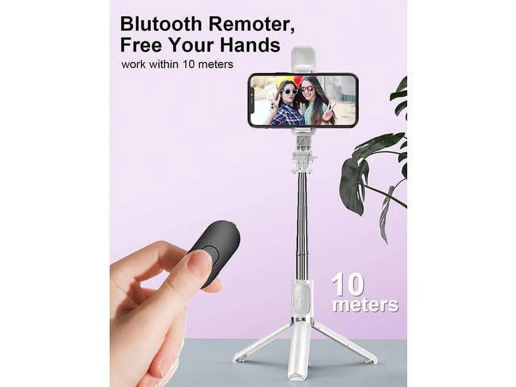Selfie Stick Tripod with Remote, Extendable Cell Phone Tripods with LED Ring Light, Remote Compatible with iPhone and Android (White, Model Q02s)