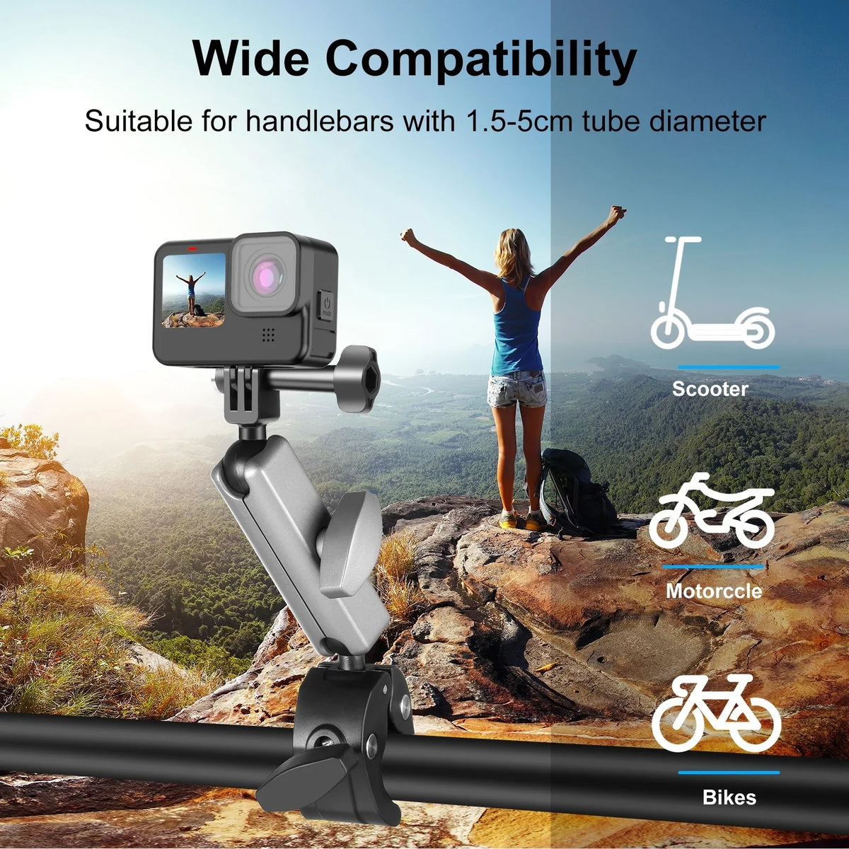 PULUZ PU867B Clamp Mount, Aluminum Alloy Handlebar Adapter, Dual Rotatable Ball Head, AKASO DJI Hero 11/10/9/8 Compatible