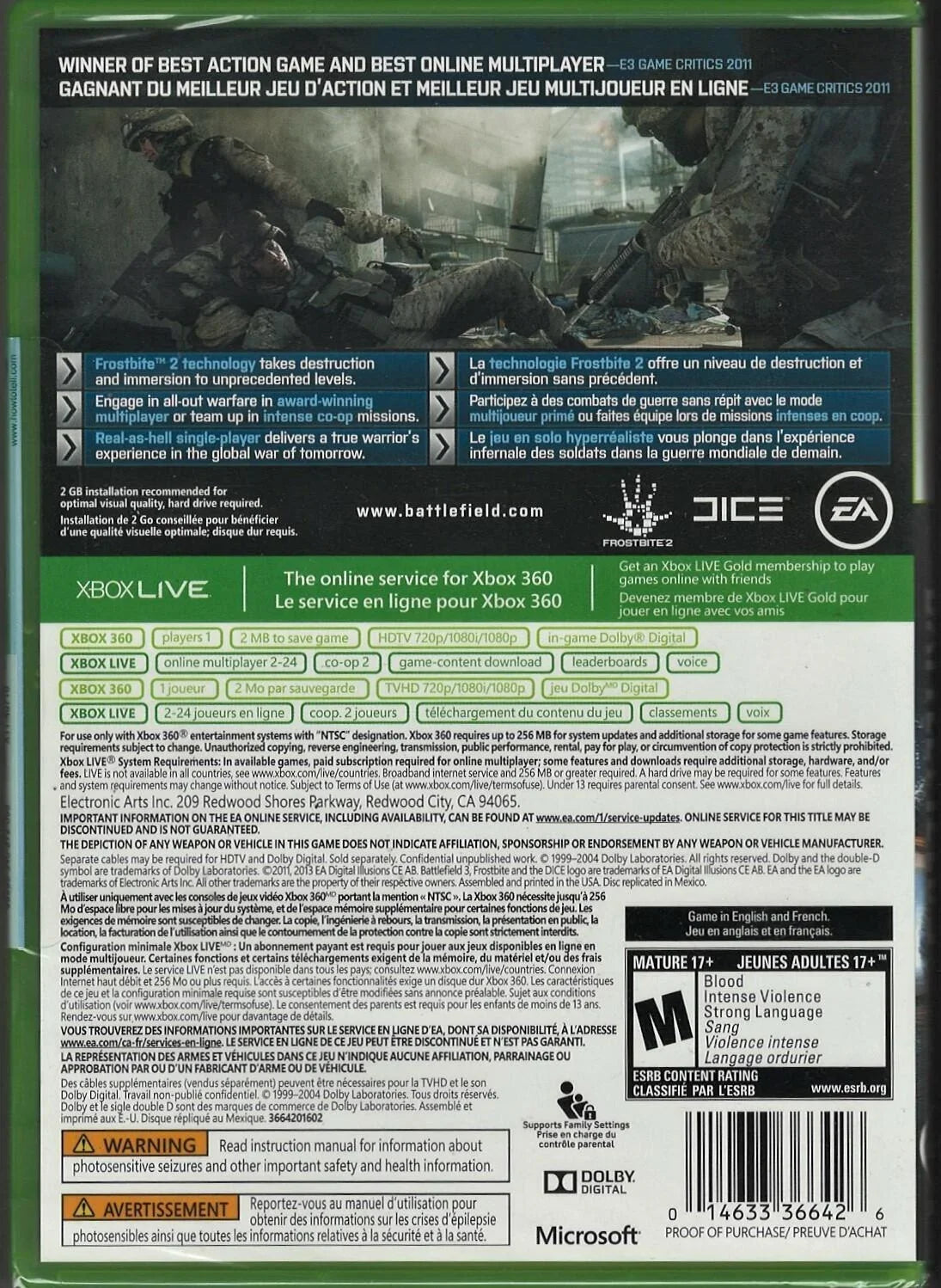 Battlefield 3 (Platinum Hits) Xbox 360 (Brand New Factory Sealed US Version) Xbo-0014633197372
