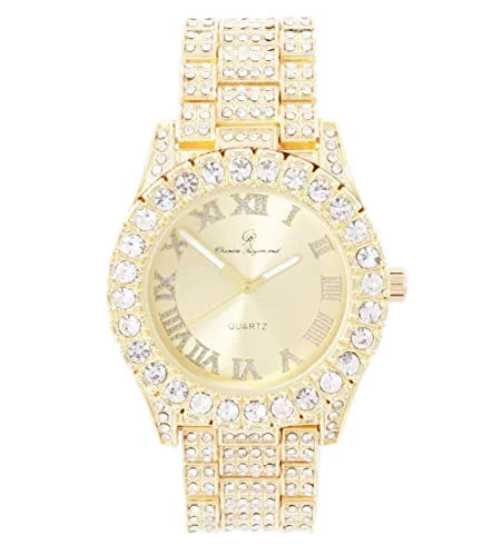 Charles Raymond Feminine Big Rocks Blinged Out Dial with Roman Numerals Fully Iced Out Hip Hop Wristwatch - ST10327LA (Gold-Gold)