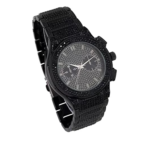 Big Bling Watch Ruby by Hip Hop - Mens Iced Out Timepiece - Faux Chrono Eyes - Diamond Rhinestones on Blast w/Miami Cuban Bracelet - Black Metal Cuban