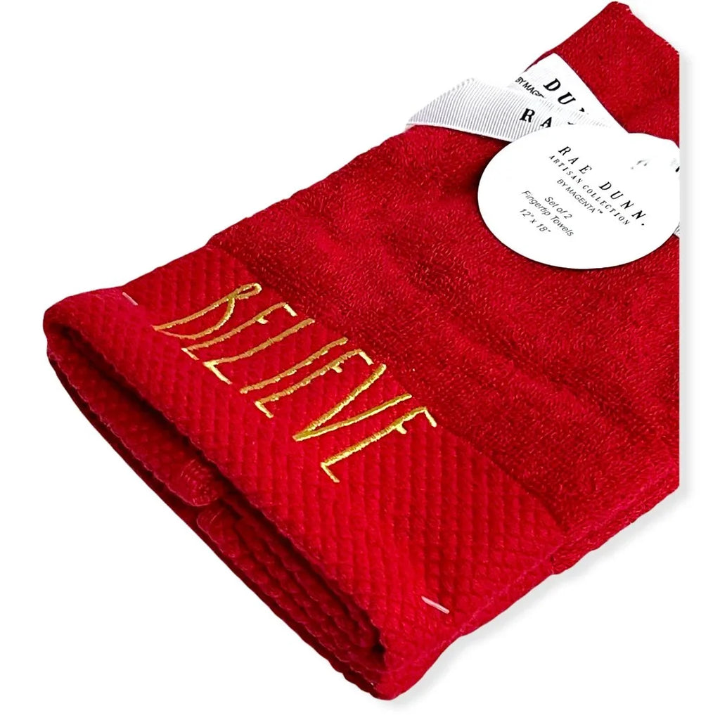 Rae Dunn Fingertip Towels Set of 2 Scarlet - BELIEVE LL Gold 12'x 18' Holiday