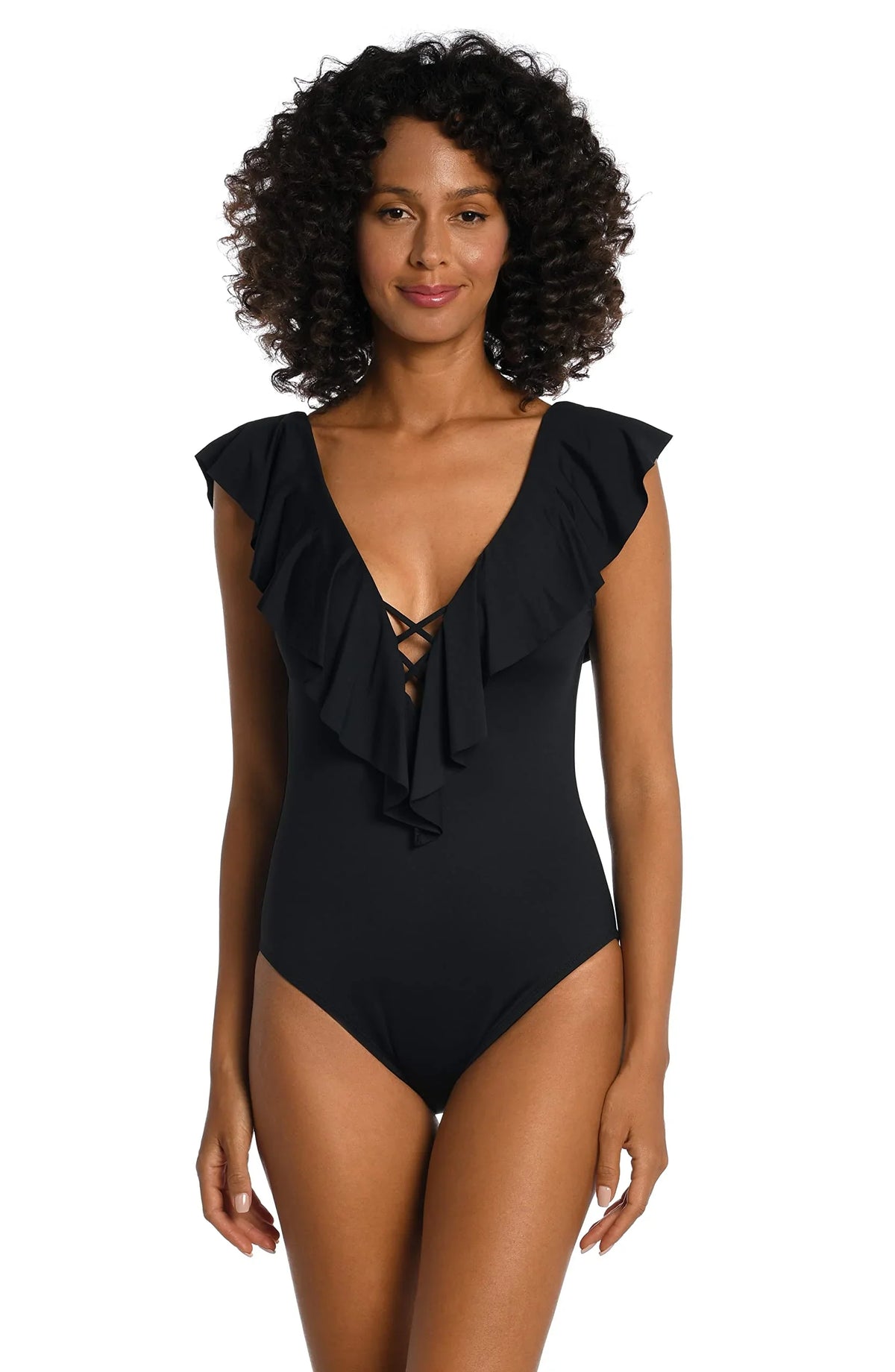 La Blanca Female Island Goddess Over The Shoulder Ruffle Plunge One Piece, Black, 4
