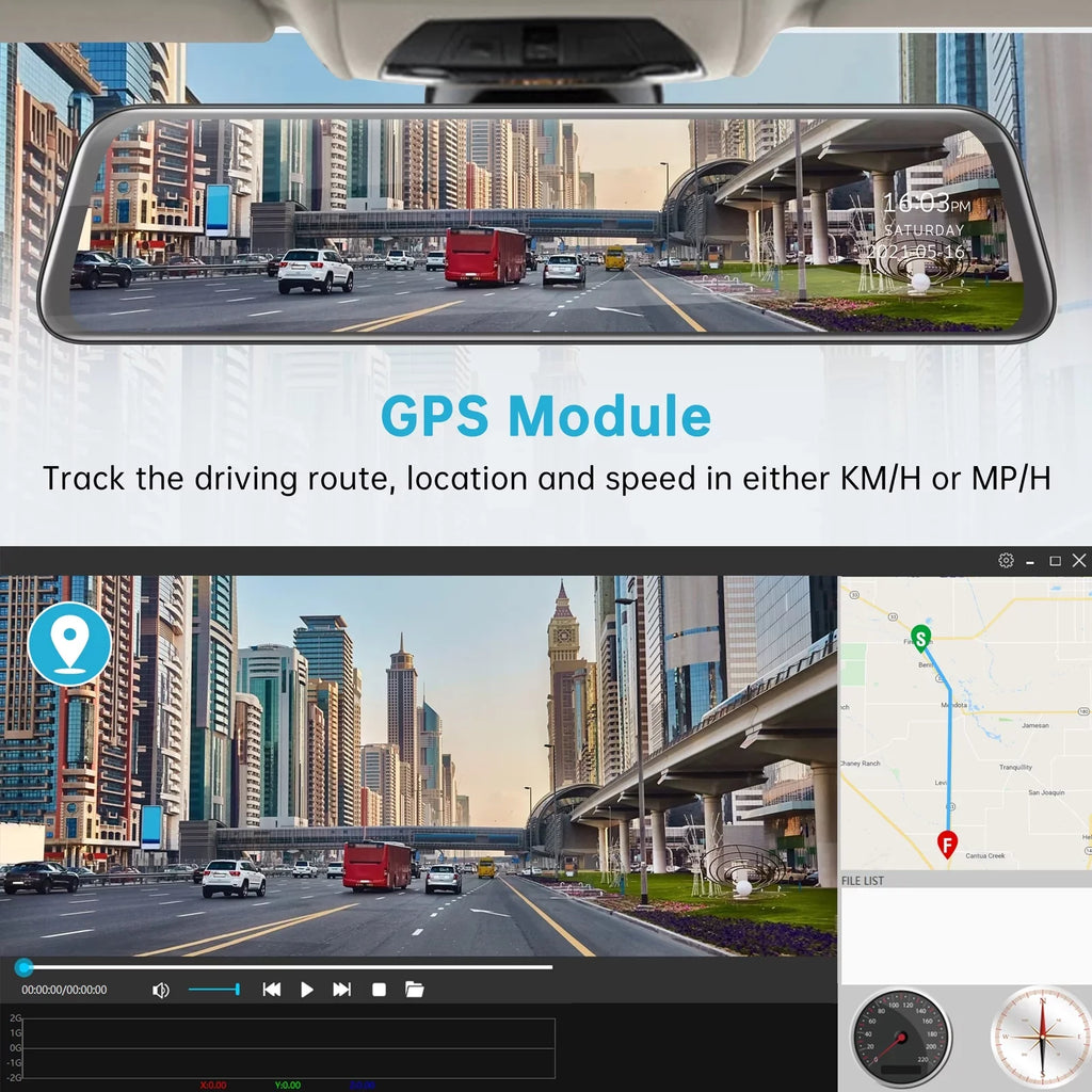 2.5K 12 Inch Mirror Dash Cam GPS Rear View Mirror Camera, Touch Screen Dual Dash Cam Front and Rear with Waterproof Backup Camera Parking Assistance, Night Vision, Loop Recording
