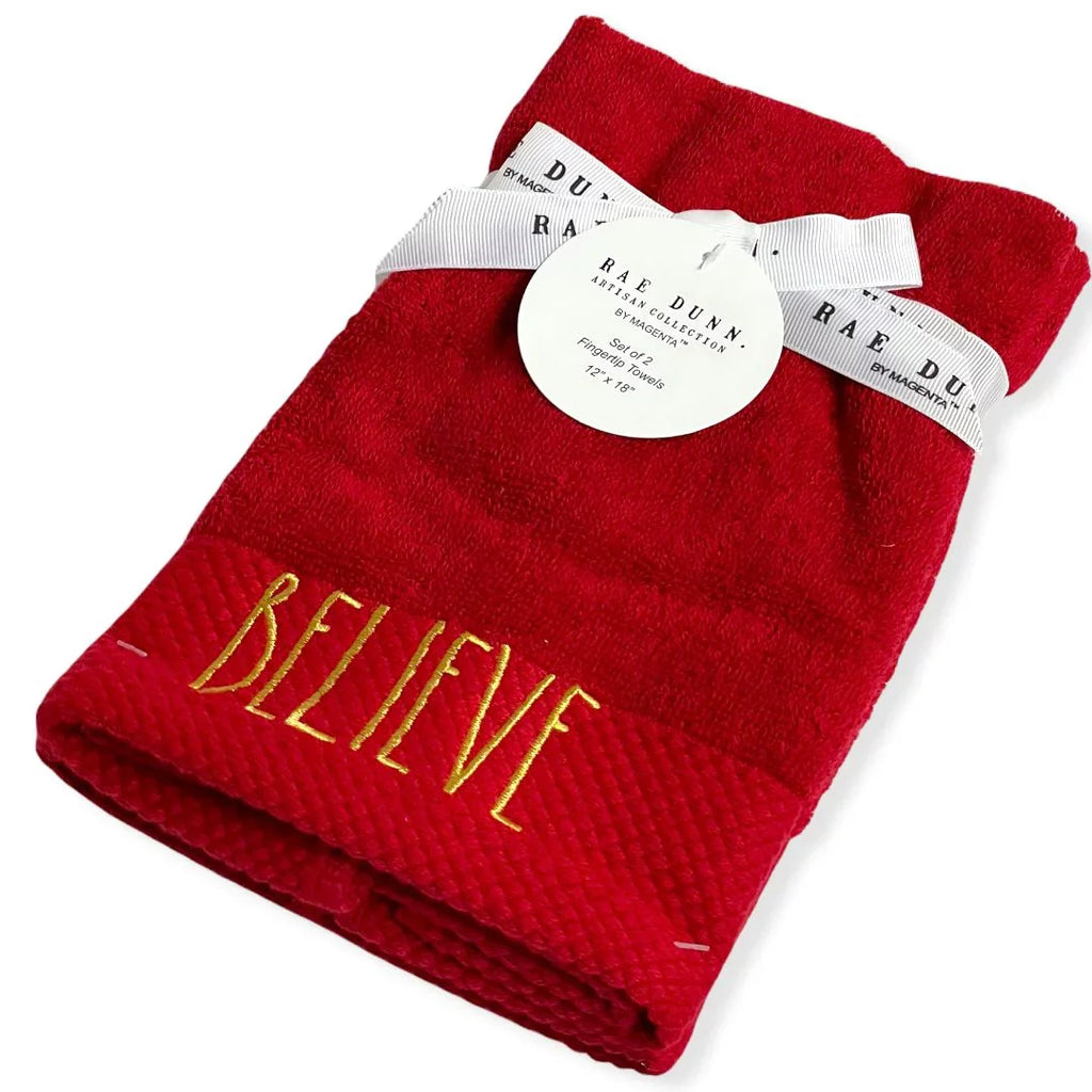 Rae Dunn Fingertip Towels Set of 2 Scarlet - BELIEVE LL Gold 12'x 18' Holiday