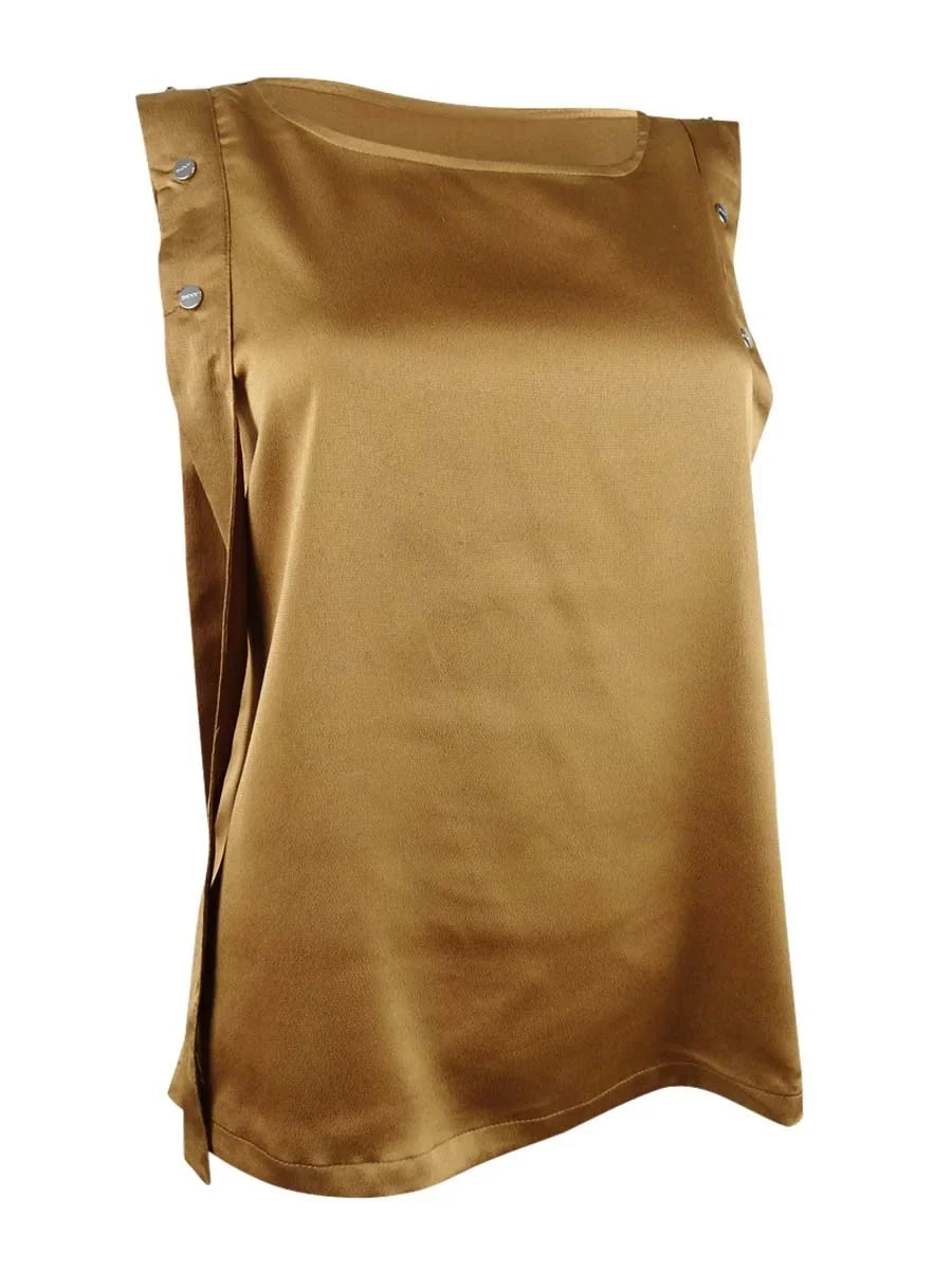 DKNY Ladies Solid Snap Overlay Sleeveless Top (XS, Luggage)