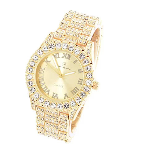 Charles Raymond Feminine Big Rocks Blinged Out Dial with Roman Numerals Fully Iced Out Hip Hop Wristwatch - ST10327LA (Gold-Gold)