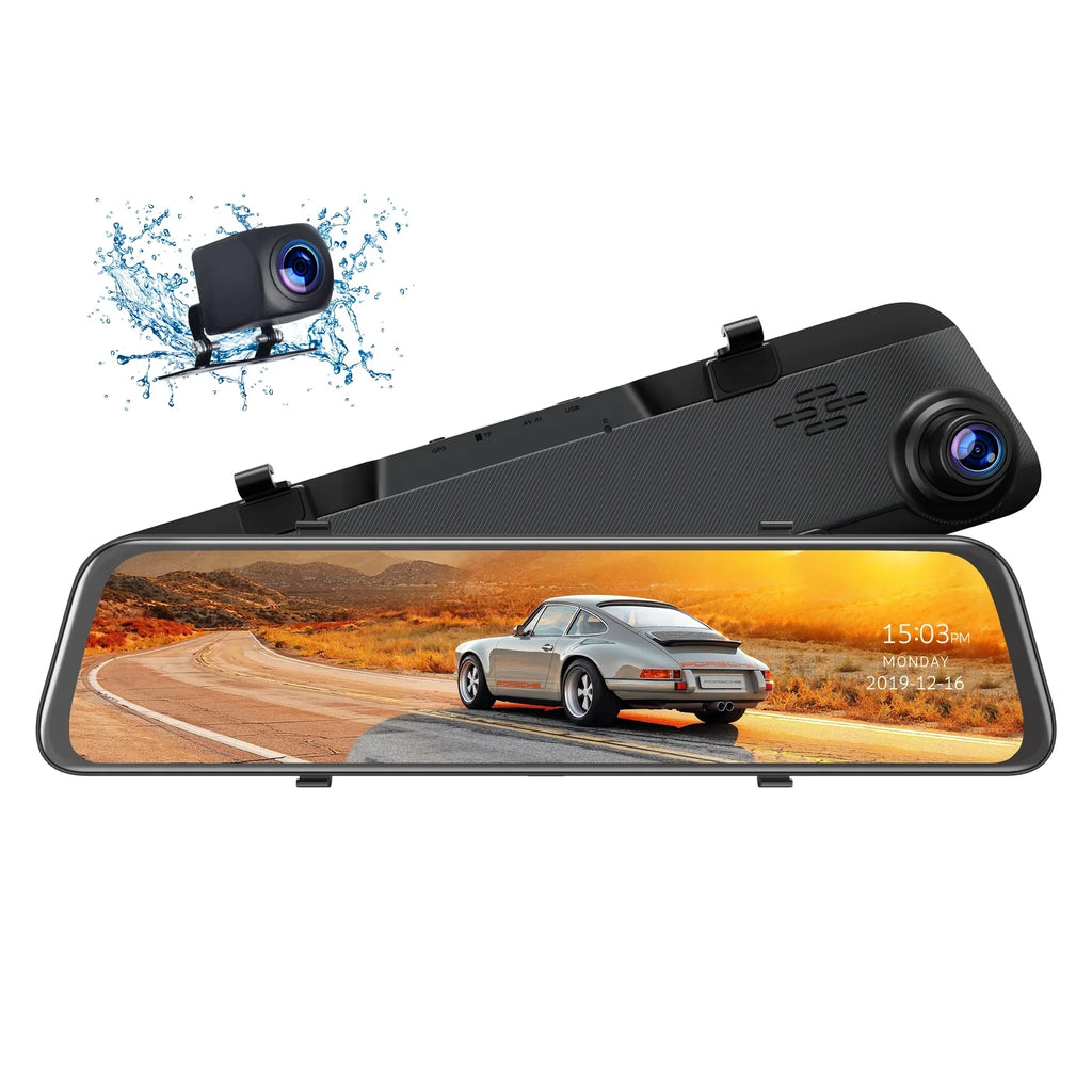 2.5K 12 Inch Mirror Dash Cam GPS Rear View Mirror Camera, Touch Screen Dual Dash Cam Front and Rear with Waterproof Backup Camera Parking Assistance, Night Vision, Loop Recording