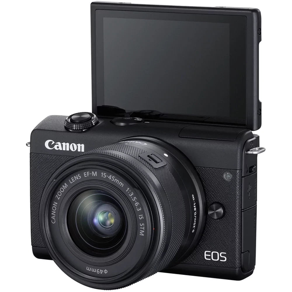 Crimson Canon EOS M200 Mirrorless Digital Camera with 15-45mm Lens (Black) (3699C009) + 64GB Memory Card + Case + Card Reader + Flex Tripod + Hand Strap + Cap Keeper + Memory Wallet + Cleaning Kit (Refurbished)