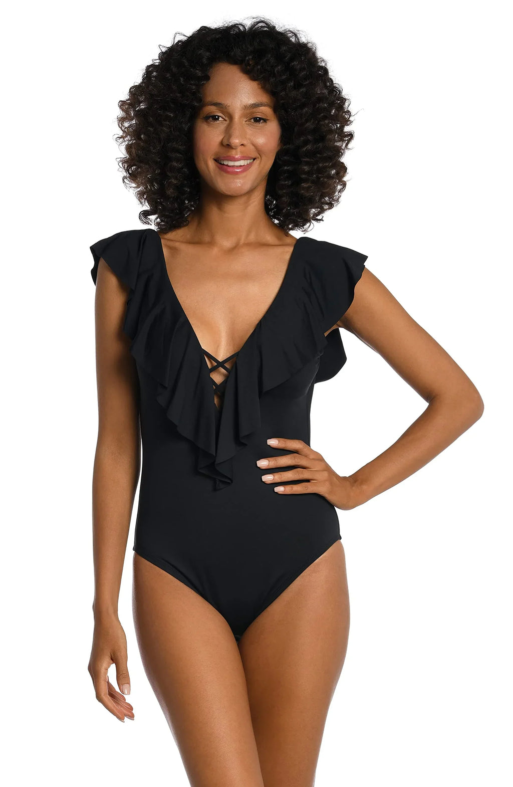 La Blanca Female Island Goddess Over The Shoulder Ruffle Plunge One Piece, Black, 4