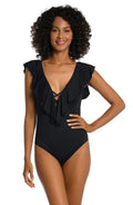 La Blanca Female Island Goddess Over The Shoulder Ruffle Plunge One Piece, Black, 4