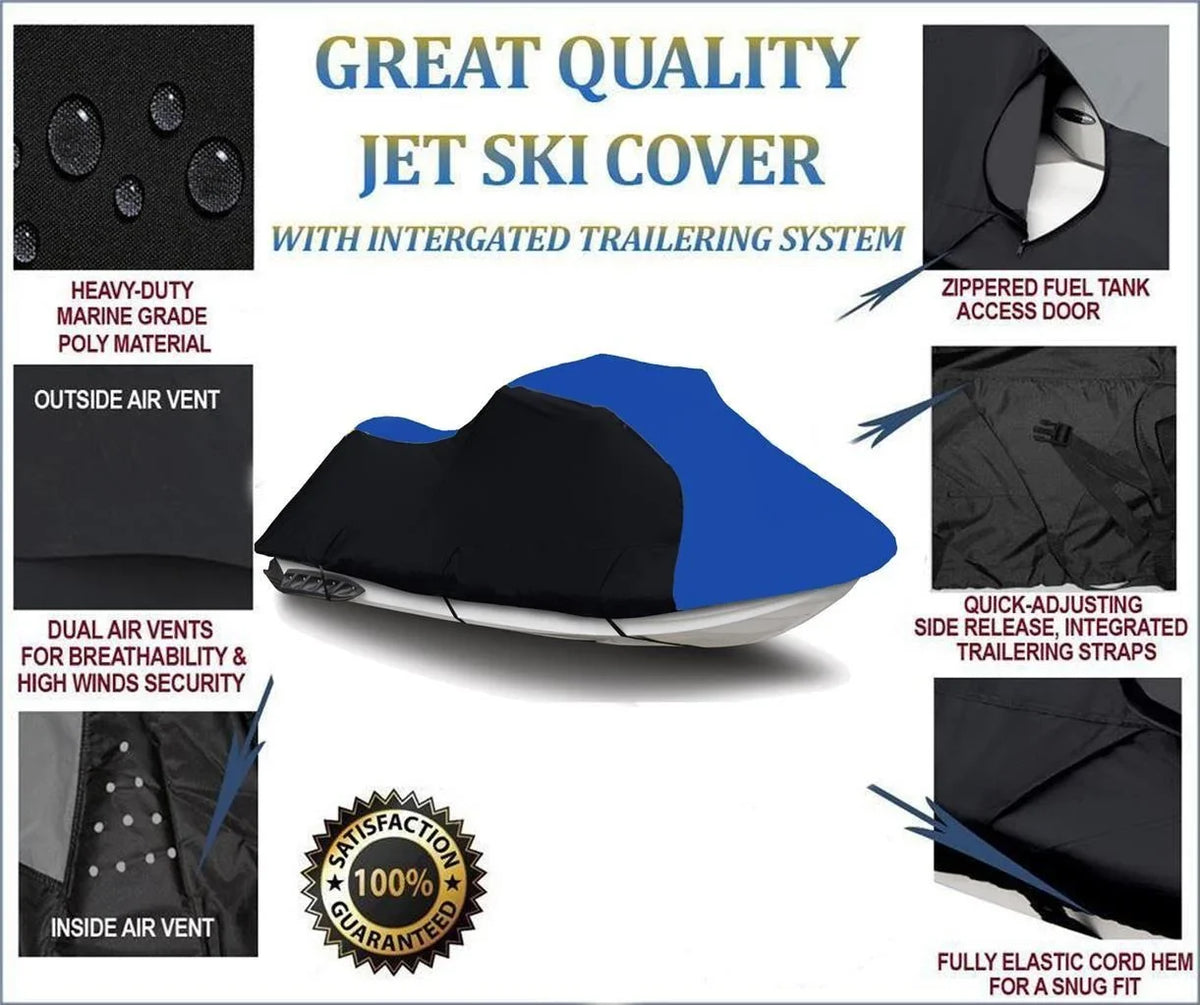 BLACK / BLUE HEAVY-DUTY, TOP OF THE LINE Cover Compatible for Kawasaki Jet Ski SS 750 / JH750 SS 1992 1993 1994 1995 1996 1997 PWC Jet Ski Cover 1-2 Seater