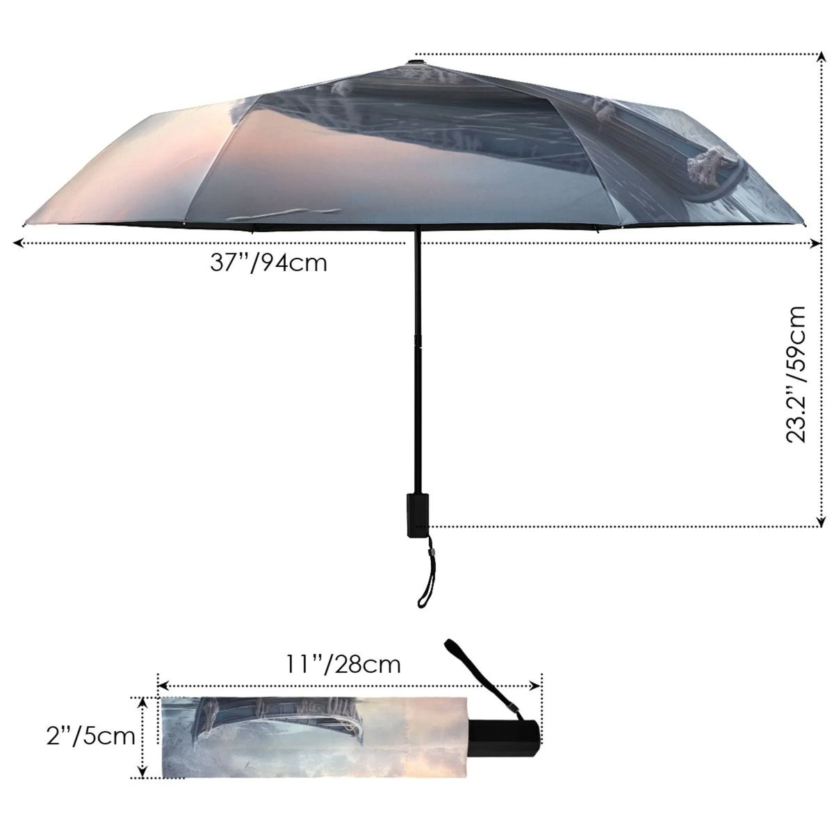 Winter Snow with Boat Compact Folding Umbrella for Rain Windproof Travel Umbrella UPF 50+ Lightweight Packable Arc Measurement