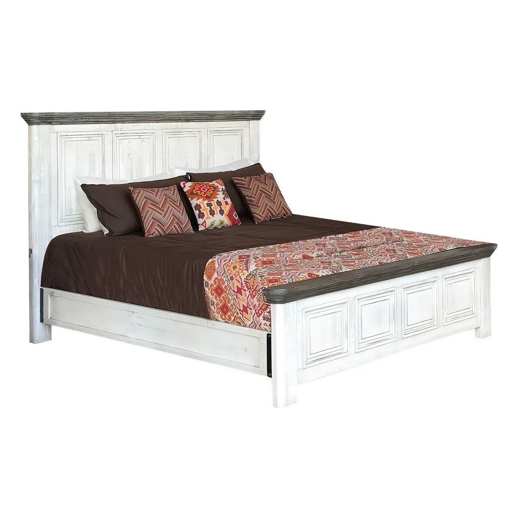 Benjara Feyi Queen Proportion Bed, Clean Rustic Headboard and Footboard, White, Gray