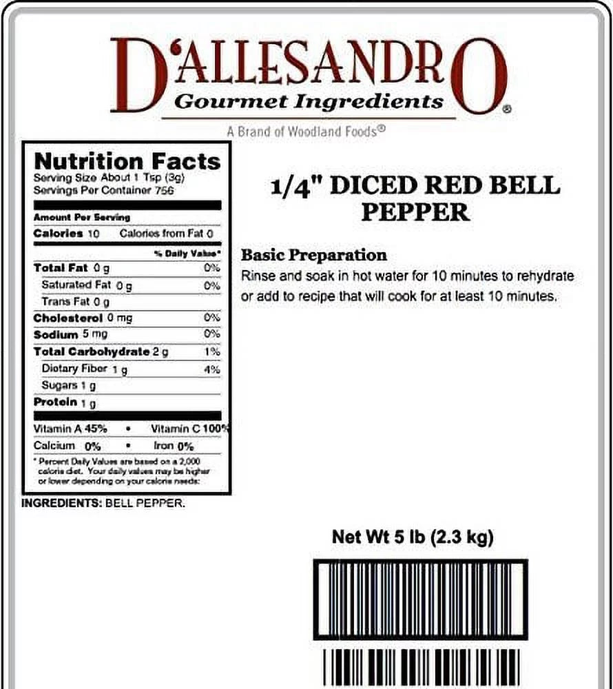 Diced 1/4" Crimson Bell Pepper, 5 Lb Bag